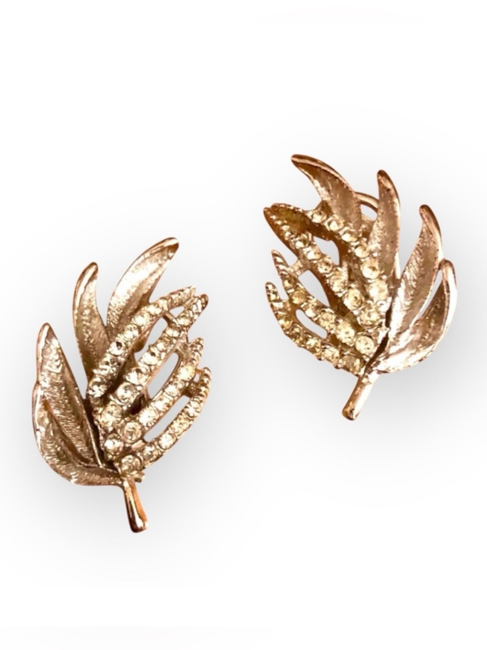 Vintage Estate 1950’s Silver Rhinestone Leaf Clip On Earrings, Cocktail Jewelry